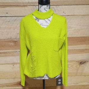 Sweet & Sinful Lime Green Distressed Sweater, Long Sleeves,  Cutout Neck EUC